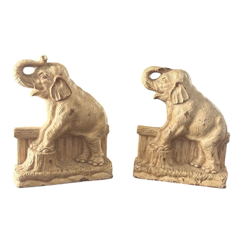Vintage Set of Syroco Wood Elephant Bookends USA Faux Wooden Look Trunks Up Pair